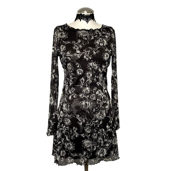 Gothic Grunge Whimsygoth Mesh Floral Victorian Long Sleeve Dress - Picture 1 of 14